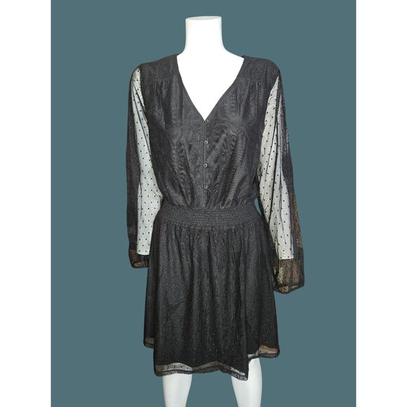 Danielrainn Black V Neck Polka Dot Sheer Long Sleeve Dress Women Large - Picture 5 of 11